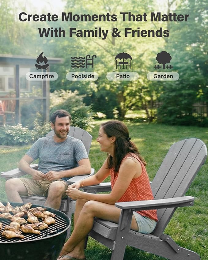 YEFU Adirondack Chair, Oversized Plastic Adirondack Chair Folding Outdoor Chairs with Cup Holder, Lawn Chair with Weather Resistant for Outside Deck Lawn Garden, Weight Capacity Up to 400 Lbs –Grey