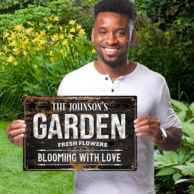 Custom Garden Blooming with Love Sign, Personalized Name for Backyard/Flower Garden Décor Sign, 12x18 Inches, Rust Free .063 Aluminum, Fade Resistant, Made in USA by Sigo Signs