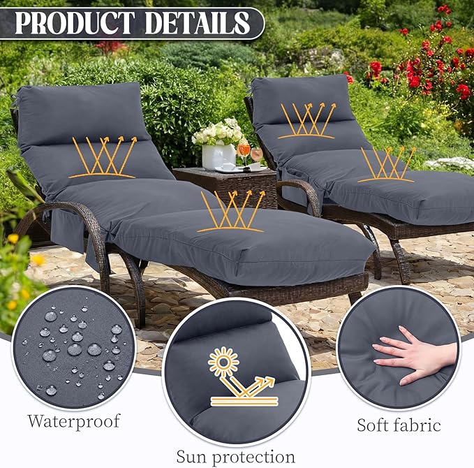 Kigley 2 Pcs Chaise Lounge Cushions, 77.9 x 20.5 x 4.7 Inch Outdoor Lounge Chair Cushions with Pocket, Thick Tufted Patio Recliner Replacement with Ties, Fade Resistant for Pool Furniture (Dark Gray)