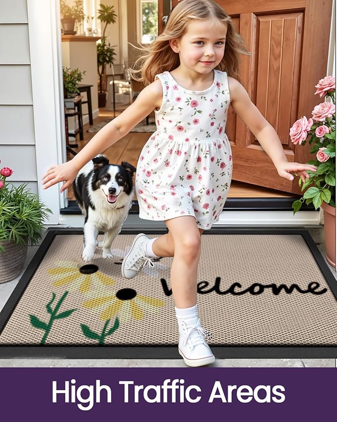 DEXI Front Door Mat Outside Entrance Welcome, Froral Entryway Doormat Dirt Trapper, Heavy Duty Non Slip Entry Mats for Patio Garage Porch Home Decorative, 17x30, Bee and Flower