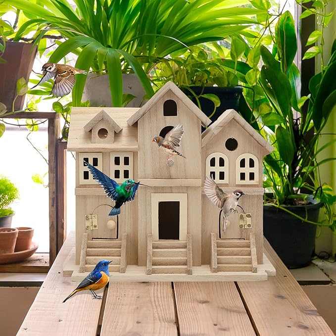 Lyfreen Paulownia Wood Bird House with Pole, Outdoor Hanging Birdhouse for Bluebirds, Wrens, Hummingbirds, Finches - Wooden Garden Bird House