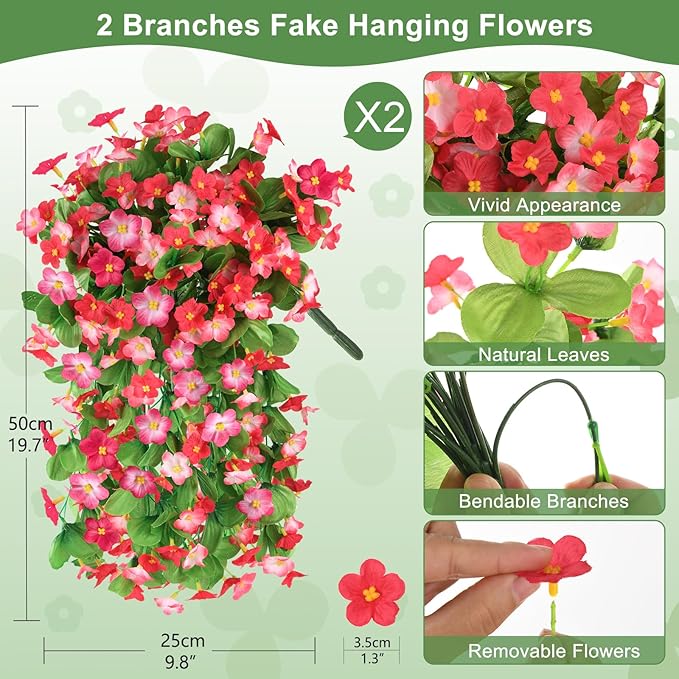 2 Pack Artificial Hanging Flowers, Fake Flowers Hanging Plant Violet Flower, Artificial Faux Silk Spring Flower for Wall Front Door Yard Garden Wedding Outdoor Decoration(Deep Pink)