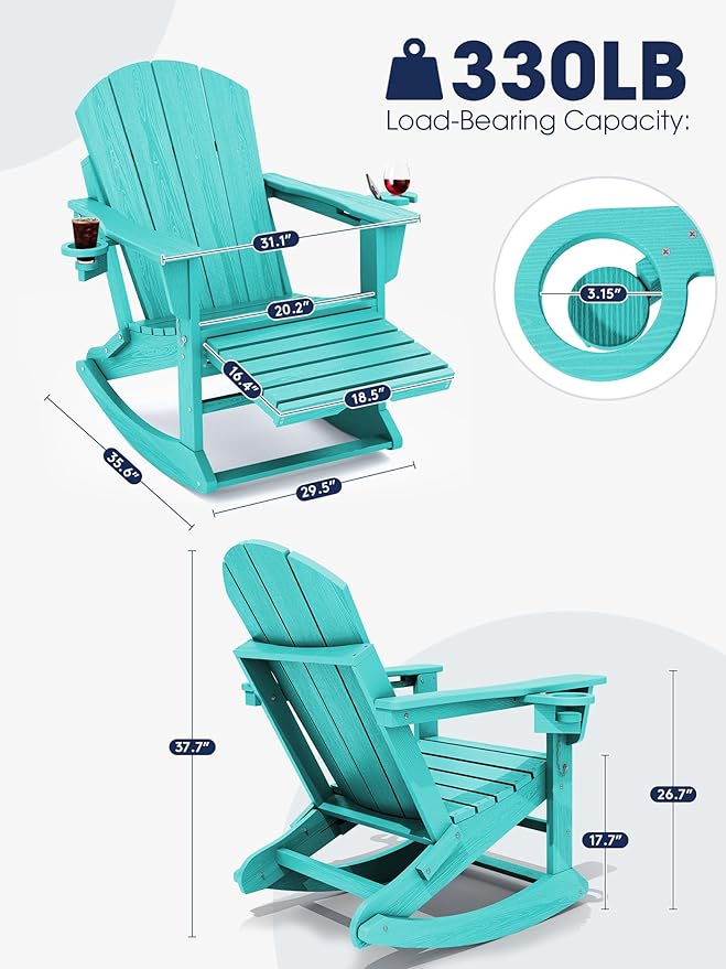 KINGYES Adirondack Rocking Chair Set of 4 with Retractable Ottoman and Cup Holders, HDPE Adirondack Rocker Patio Rocking Chair for Porch, Patio, Balcony, Aqua Blue