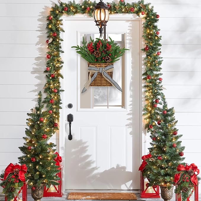 Christmas Door Hanger Basket Wreath, Artificial Hanging Basket Wreath for Front Door Norfolk Pine Wreathes with Red Berries & Pine Cones for Christmas Farmhouse Indoor Outdoor Decoration