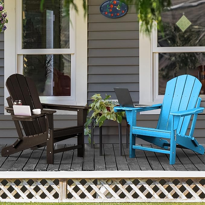 Adirondack Chair Set of 6, HDPE Folding Adirondack Chair with Multifunctional Cup Holder, Weather Resistant Fire Pit Chair for porches, patios, poolsides, Decks.