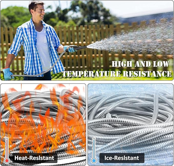 25ft Garden Hose Made by Metal with Super Tough and Soft Water Hose, Household Stainless Steel Hose, Durable Metal Hose with Adjustable Nozzle, No Kinks and Tangles, Easy to Store with Storage Strap