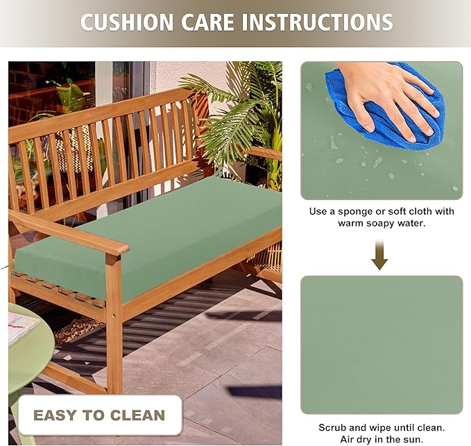 Outdoor Bench Cushion Waterproof 36"x14", Fade-Resistant Patio Furniture Replacement Pad with Ties - Also Fits Indoor Entryway Bench or Window Seat, Sage Green