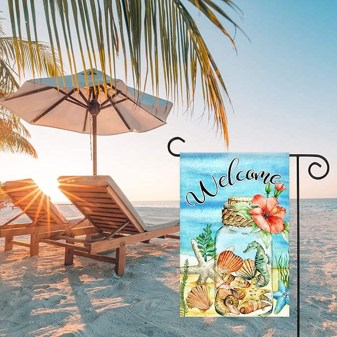 Texupday Welcome Floral Mason Jar Shell and Starfish Hippocampus Decoration Summer Seaside Garden Flag Holiday Party Beach Coastal Outdoor Yard Flag 12" x 18"