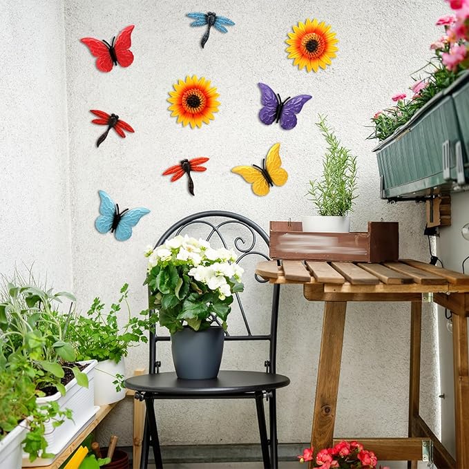 9 Pack Metal Sunflowers Wall Decor, Garden Flower Wall Art Decorations, Outdoor Butterfly Dragonfly Hanging Patio Decor, Yard Floral Fence Sculptures for Indoor Outside Living Room Bedroom
