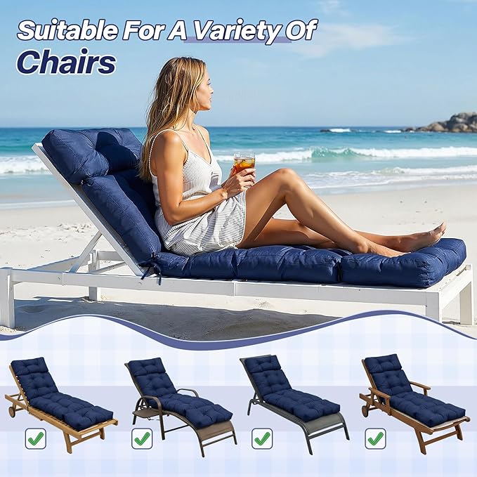 Chaise Lounge Cushions Outdoor 75x24x3.9in Waterproof Tufted Lounge Chair Cushion with Ties Dark Green Folding Lounge Chair Cushion for Lawn Pool Beach Resort Hotel
