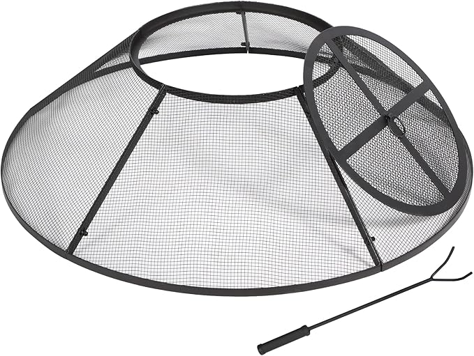 Lineslife Fire Pit Spark Screen 36 Inch with Top Cover Round, Heavy Duty Collapsible Outdoor Fire Pit Mesh Screen, Metal Fire Pit Top Lid with Ring Handle for Patio Backyard, Black