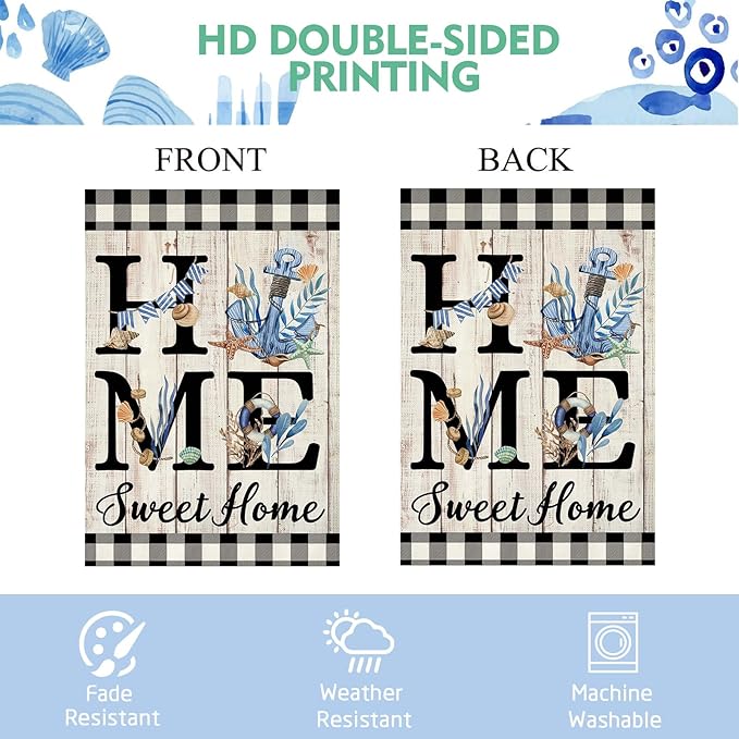 ORTIGIA Beach Garden Flag 12.5 x 18 Inch Double Sided Burlap Home Sweet Home Blue Anchor Starfish Seashell Coastal Ocean Small Yard Flag Summer Holiday Seasonal Outdoor Outside Decoration