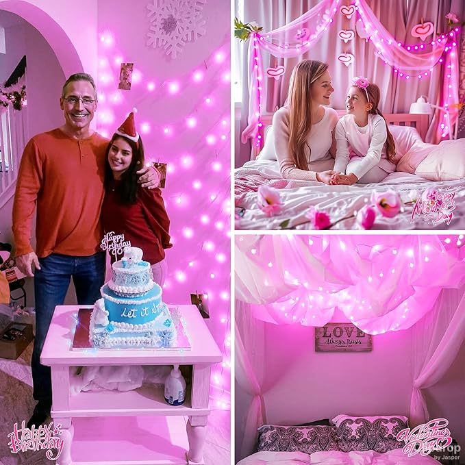 JMEXSUSS 100 LED Pink Valentine Lights Indoor,33 ft Connectable Globe String Lights Plug in, 8 Mode Fairy String Light with Remote for Bedroom Girl Room Anniversary Party Valentines Day Decorations