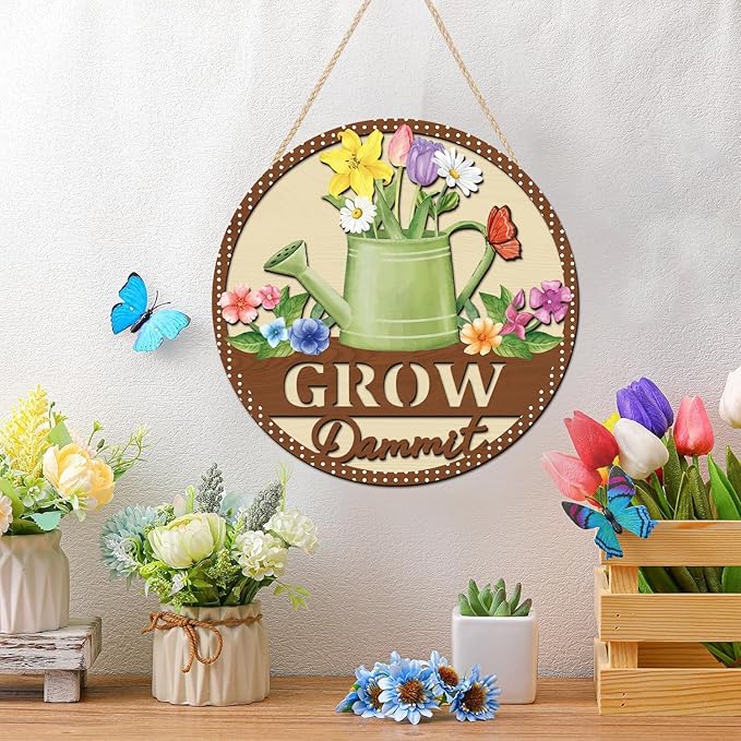 HOURIA 3D Spring Flower Wreath Door Sign(11.4”x11.4”), Grow Dammit Garden Farmhouse Wooden Door Decor,Vintage Spring Watering Can Floral Wall Hanging Sign for Front Door Outdoor Porch
