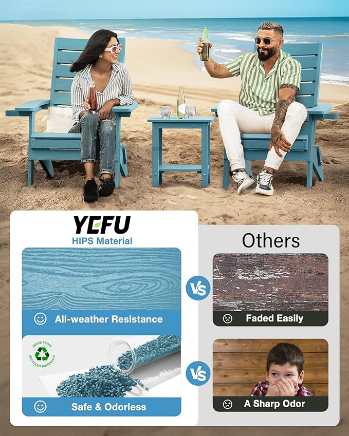 YEFU Adirondack Chair, Folding Adirondack Chairs with Arc Back & Cup Holder, Weather Resistant Plastic Oversized Chair for Outdoor Patio Lawn Garden Backyard Deck Fire Pit, Blue