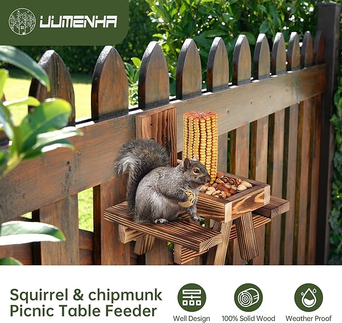 Squirrel Feeder for Outside Funny, Carbonized Wood Squirrel Picnic Table Feeder with Corn Cob Holder & Peanut Tray, Durable Picnic Table for Squirrel and Chipmunk, New Premium Gift