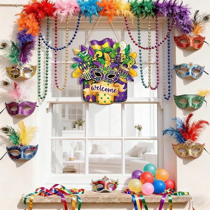 Wooden Mardi Gras Wreath for Front Door Sign Mason Jar Carnival Welcome Door Decoration, New Orleans Hanging Crafts for Wall Home Farmhouse Outdoor Indoor Holiday Party Decor Masquerade Hanger