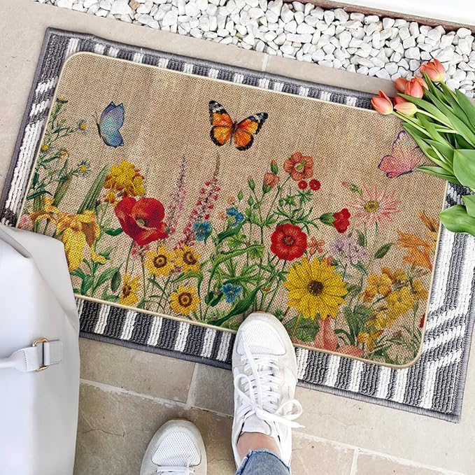 Artoid Mode Wood Flowers Butterfly Spring Doormat, Home Summer Decor Low-Profile Switch Rug Door Mat Floor Mat for Indoor Outdoor 17x29 Inch