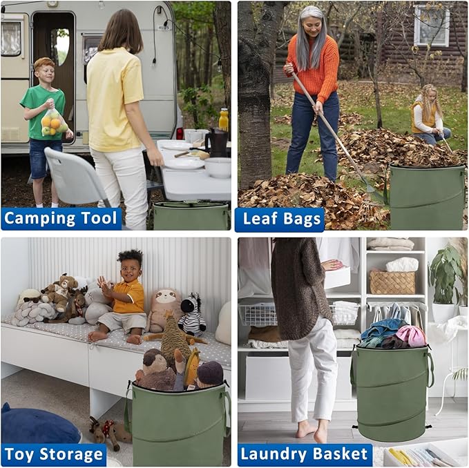 24 Gallons Collapsible Reusable Bags with Gloves, Camping Trash Can with Lid, Pop Up Garbage Can for Outdoor, Large Capacity Leaf Bags for Yard, Lawn, Reusable Garden Garbage Bag - Green