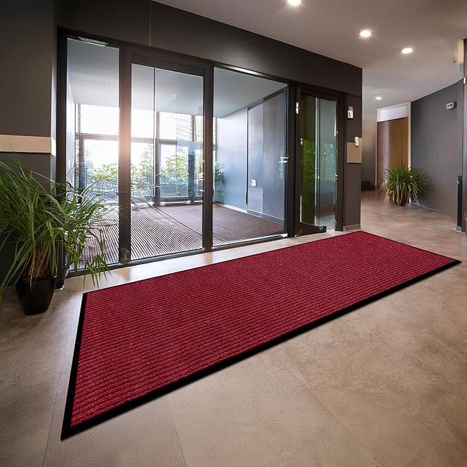 LuxUrux Durable Rubber Door Mat - Heavy Duty Doormat for Indoor/Outdoor Use - Easy to Clean, Waterproof, Low-Profile Entry Mat - Ideal for Entry, Patio, Garage - Striped Red Design (2 x 6 Feet)