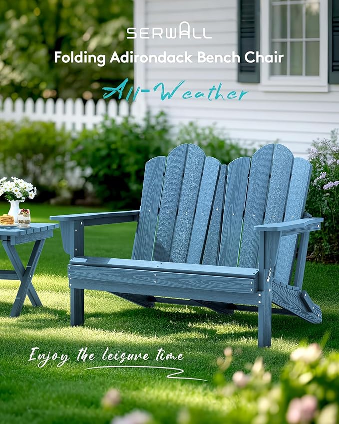 SERWALL Folding Adirondack Bench, HDPE All-Weather Adirondack Loveseat Set of 2, Navy