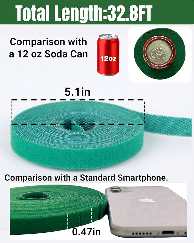 32.8 Ft Green Garden Tie, Twist Ties for Plants 1/2", Reusable Adjustable Plant Tape, Garden Ties for Climbing Plants, Plant Supports for Tomato Vines Peppers Rose Bushes Indoor Outdoor (1 Roll)