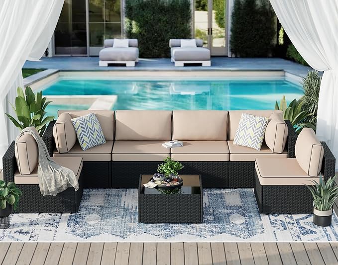 JAMFLY 7-Piece Outdoor Patio Furniture Set, Modular PE Rattan Sectional Sofa with Thick Cushions & Glass Coffee Table, Weather-Resistant Wicker Conversation Set for Poolside, Balcony, Garden, Khaki