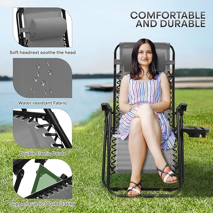 Athena Collection Zero Gravity Chair, Folding Lounge Chair, Reclining Camping Chair, Outdoor Zero Gravity Recliner with Adjustable Pillow and Cup Holder for Outside Beach Garden Patio Poolside - Gray