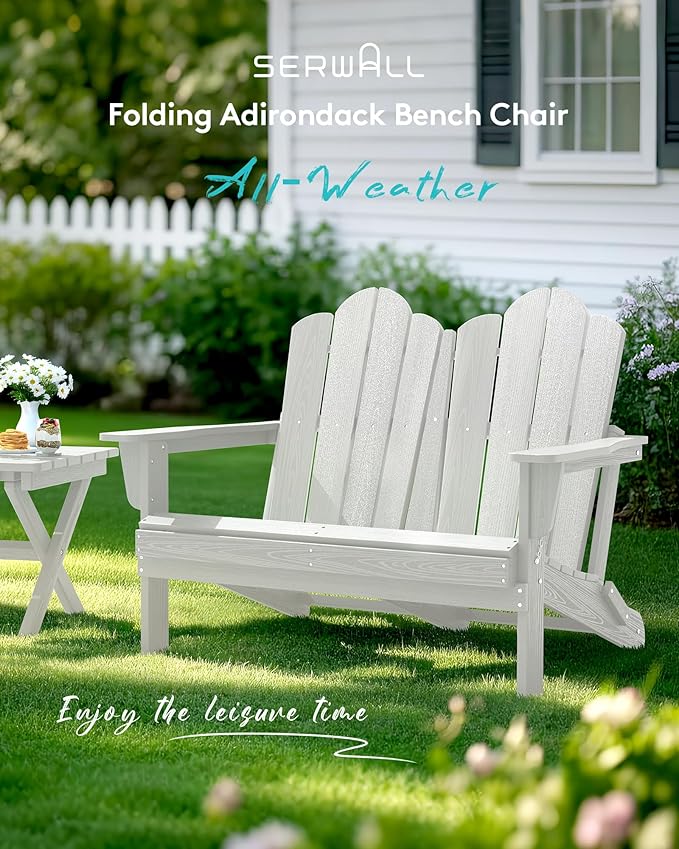 SERWALL Folding Adirondack Bench Set of 2, HDPE All-Weather 2-Person Adirondack Loveseat Bench, White