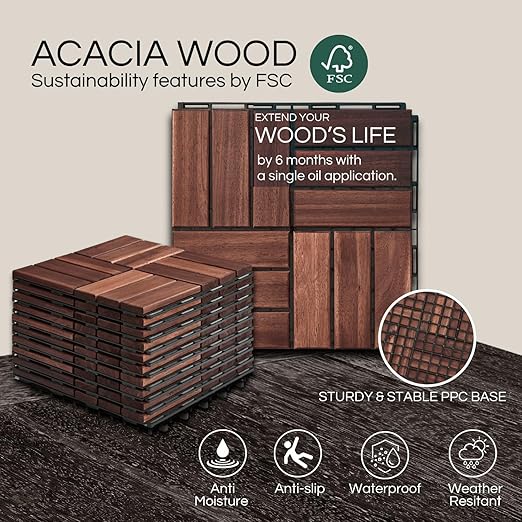 10 Pcs Deck Tiles, Patio Flooring - Outdoor Waterproof Acacia Wood Tiles for All Weather Use - Balcony, Backyard, Indoor & Outdoor (Dark Brown Crossed Pattern, 10 Square Ft)