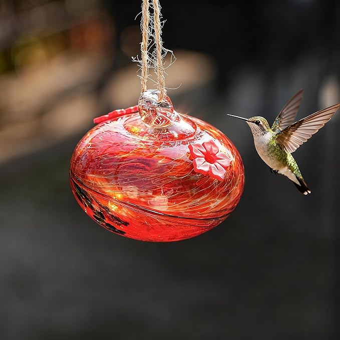 3inch Hand Blown Glass Hummingbird Feeder Colorful Hanging Glass Feeder with 2 Feeding Ports for Outside Garden Window Patio Decoration