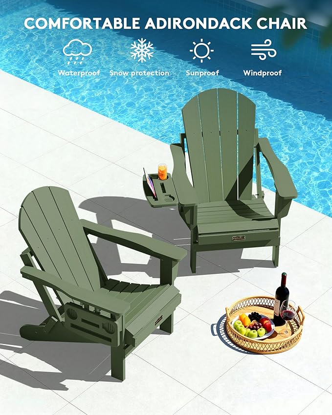SERWALL Foldable Adirondack Chair Set of 2, Adirondack Chairs with 4 in 1 Cup Holder, Weather Resistant Plastic Chair for Patio Garden Outdoors Fire Pit Chairs - Avocadogreen