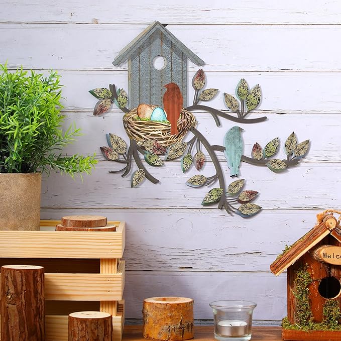 Peryiter Birds Wall Metal Decor for Outdoor Art Hanging Metal Tree with Birdhouse for Living Room Tree Leaf Wall Decor for Indoor Outdoor Garden(Brown, Blue)
