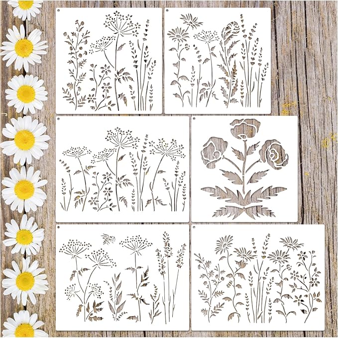 Large Flower Stencils for Painting on Wall, Wildflower Stencils for Crafts Reusable Spring Plant Floral Stencil Templates for Garden Walls Fence Floor Furniture Shirts Canvas (flower6)