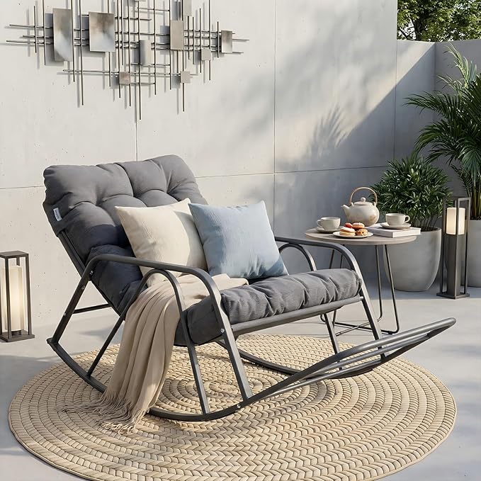 IRONCK Patio Rocking Chair with Armrest and Footrest, Indoor Outdoor Rocking Chair with Cushion, Oversized Lounge Rocker for Garden, Living Room, Balcony, Porch, Gray