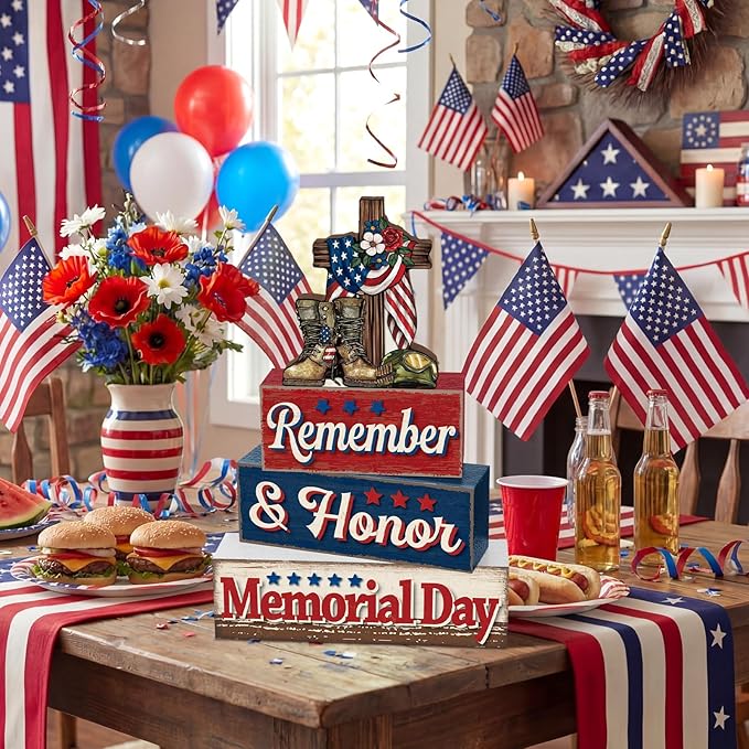4 Pcs Memorial Day Table Decor Patriotic Remember Honor Our Heroes Wooden Sign Fourth of July Tiered Tray Decor Red White Blue Table Centerpiece for Home Office Desk Shelf Mantel Decorations