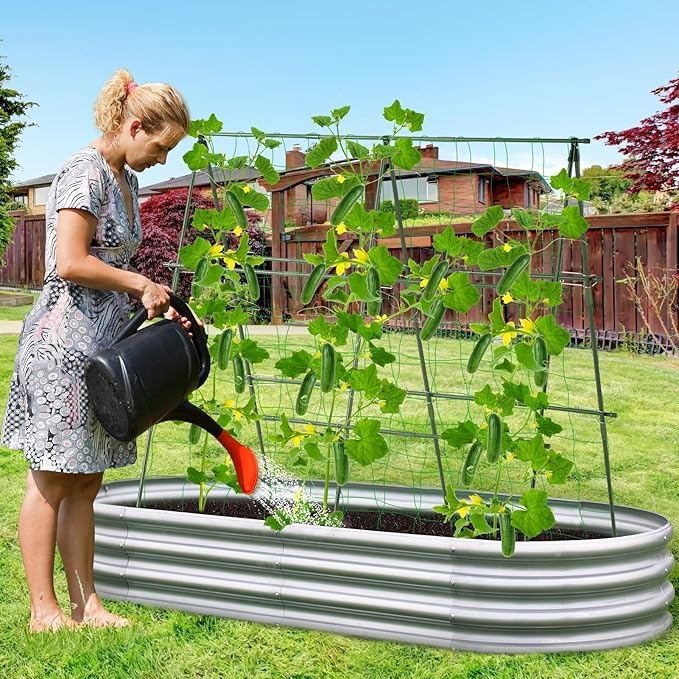 Lalahoni Cucumber Trellis, 4ft x 4ft Metal A-Frame Garden Trellis Climbing Plant Outdoor Support Fruit Grape Vine Vegetable Tomato Pea Bean Cucumber Trellis Raised Bed, with Netting, Green