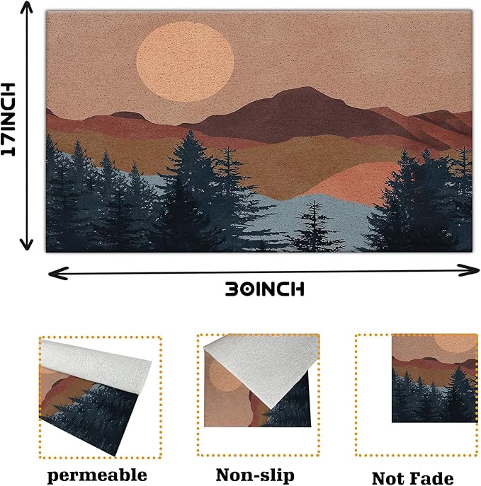 Nogrit Abstract Boho Sun Sunset Mountain Woodland Nature Landscape Waterproof Door Mat Outdoor Entrance 17x30 Inch Non-Slip Doormat for Bohemian Home Front Door Porch Outdoor Indoor Decorations