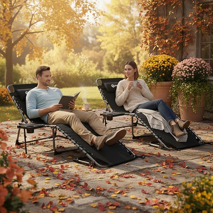 FUNDANGO Chaise Lounge Chair Outdoor, 5-Position Folding Tanning Chair with Detachable Side Table & Pillow, 180° Lay Flat Portable Beach, Heavy Duty U-Frame for Patio, Pool, Lawn, 265lbs（Black 2 pack）