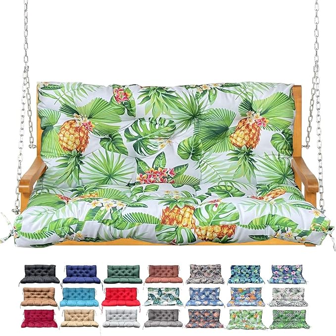 Porch Swing Cushion with Backrest,Waterproof Bench Cushion for Outdoor Furniture,2-3 Seater Replacement Thickened Swing Cushion with Ties,Patio,Outdoor,Backyard and Garden (Tropical Pineapple,60x40")