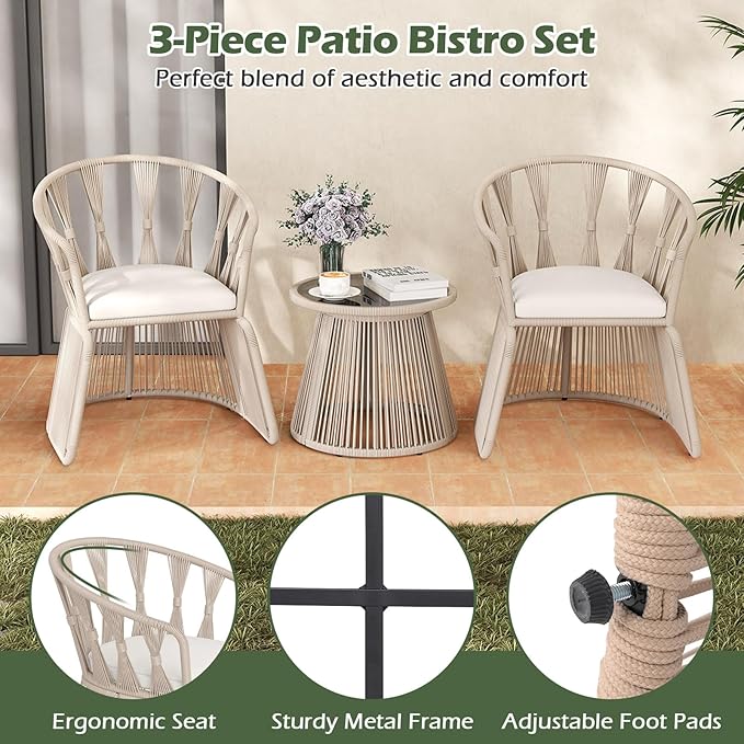 Tangkula 3 Piece Patio Leisure Chair Set, Outdoor Rope-Woven Cushioned Armchairs & Table Set with Tempered Glass Tabletop, for Balcony, Porch, Backyard (Off White)