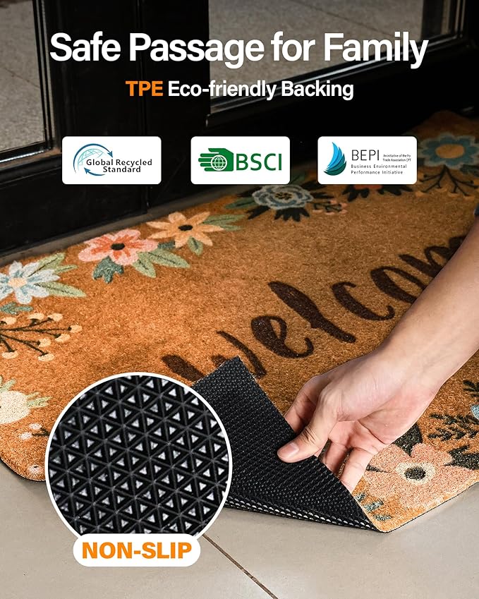 Door Mat Welcome Outdoor Mat: Artificial Coir Doormat for Outdoor Outside Indoor Entrance - Front Door Mats Non-Slip Backing Washable Fall Mat for Home Porch Entry (Floral Welcome Matt, 17"x 30")
