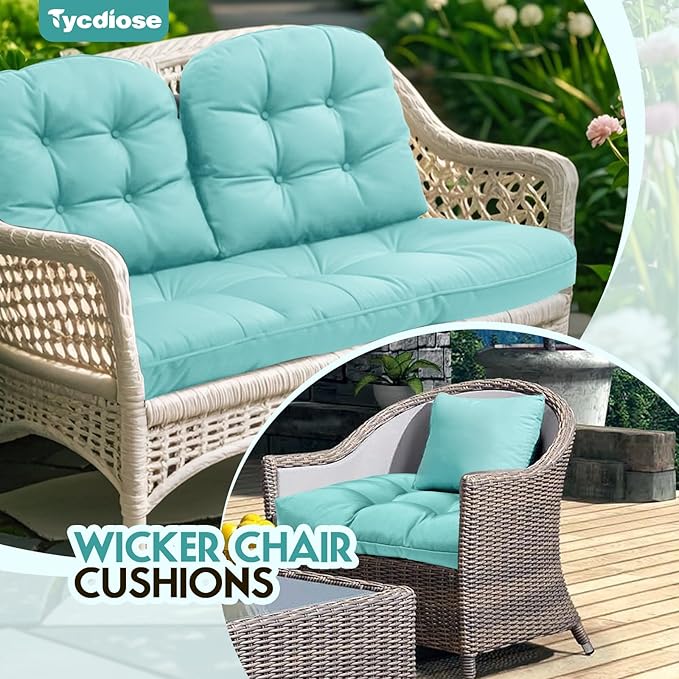 All Weather Outdoor Wicker Chair Cushions of 3 Pieces, Waterproof Outdoor Wicker Chair Cushion for Patio Furniture Loveseat Settee Bench, 1 Loveseat and 2 U-Shaped Thickened Cushions, Teal