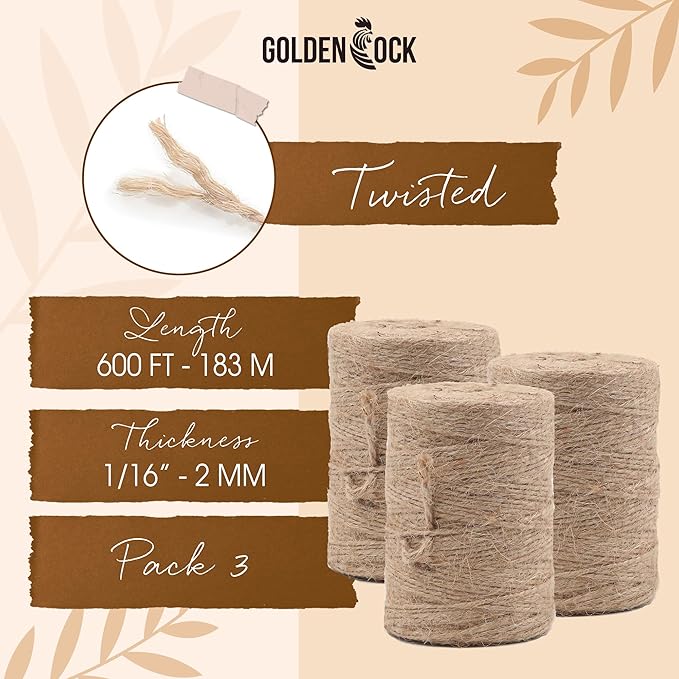 2mm - 164FT Natural Jute Twine Rope String - for Crafts Gardening Plant Accessories Gift Wrapping, Arts Packing Material Christmas Twine Bulk Wedding Decor (1800 Ft)