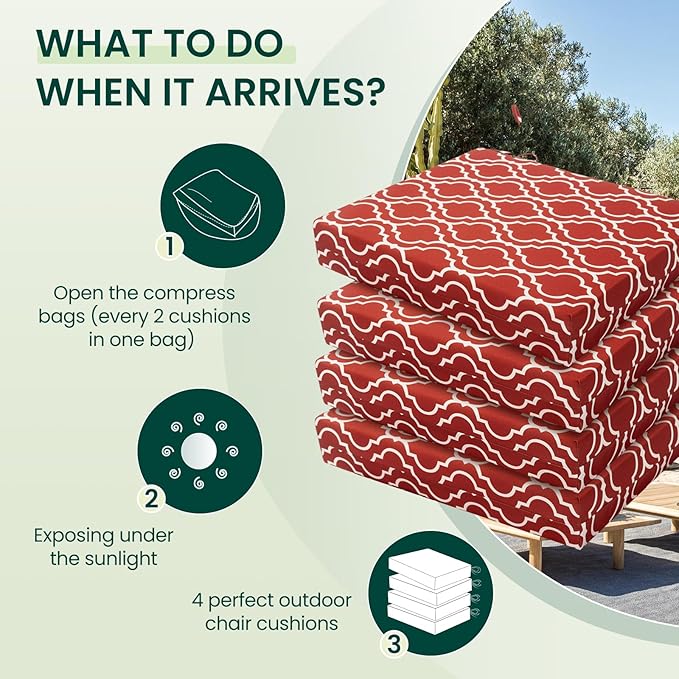 HARBOREST Outdoor Chair Cushions Set of 4, Water Resistant Patio Chair Cushions with Ties, Square Corner Outdoor Seat Cushions for Patio Furniture, 18.5"x16"x3", Wine Red Geometry
