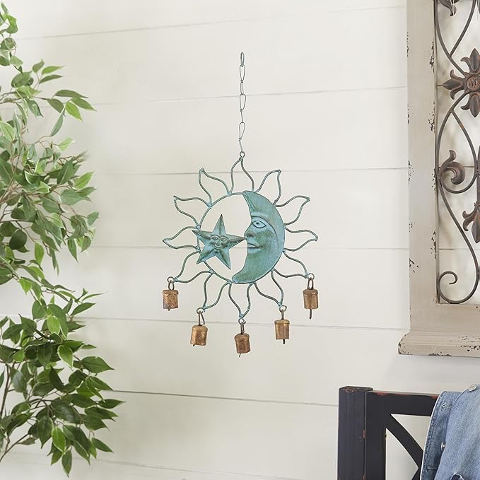 Deco 79 Metal Sun and Moon Windchime with Bells, 13" x 11" x 1", Turquoise