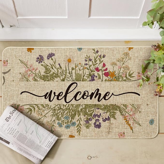 Artoid Mode Wild Flowers Welcome Spring Doormat,Home Decor Door Mat Low-Profile Switch Rug Floor Mat for Indoor Outdoor 17x29 Inch