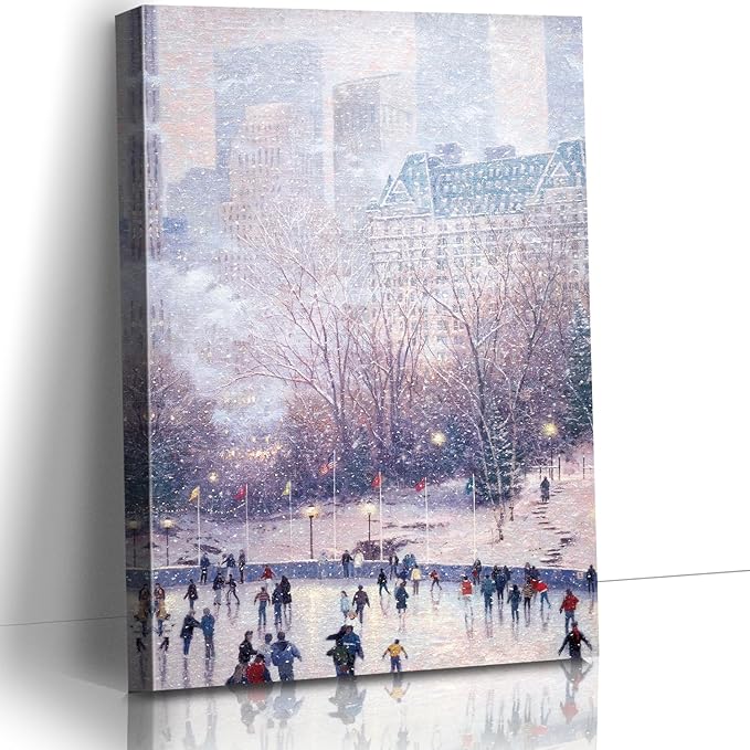 STUDIO HAVEN Thomas Kinkade Canvas Wall Art, Snow-Covered Urban Scene with Historic Buildings Oil Painting Poster Vintage Picture Cozy Seasonal Wall Decor, Framed Prints for Home Decor, 12x16Inch