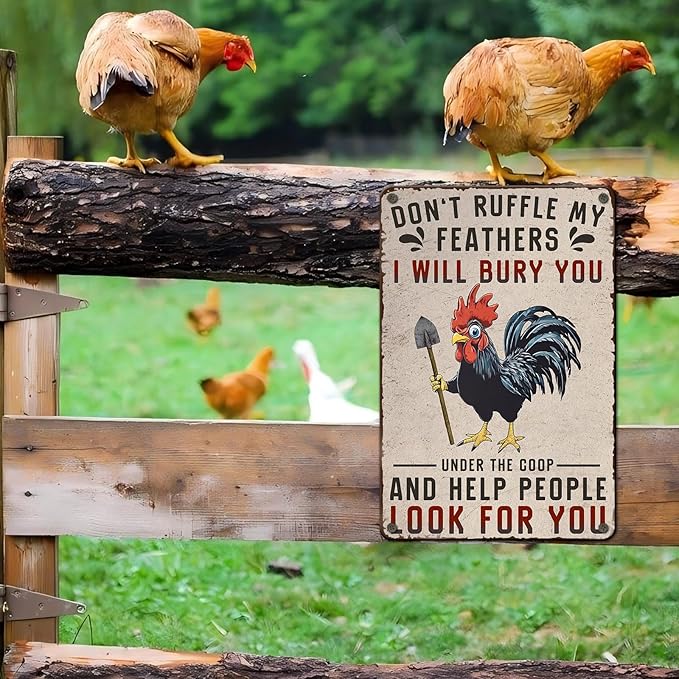 PEACHGARDEN Funny Chicken Signs Chicken Coop Decor Don't Ruffle My Feathers I Will Bury You Vintage Metal Sign for Farm Farmhouse Kicthen Wall Decor 8X12inch