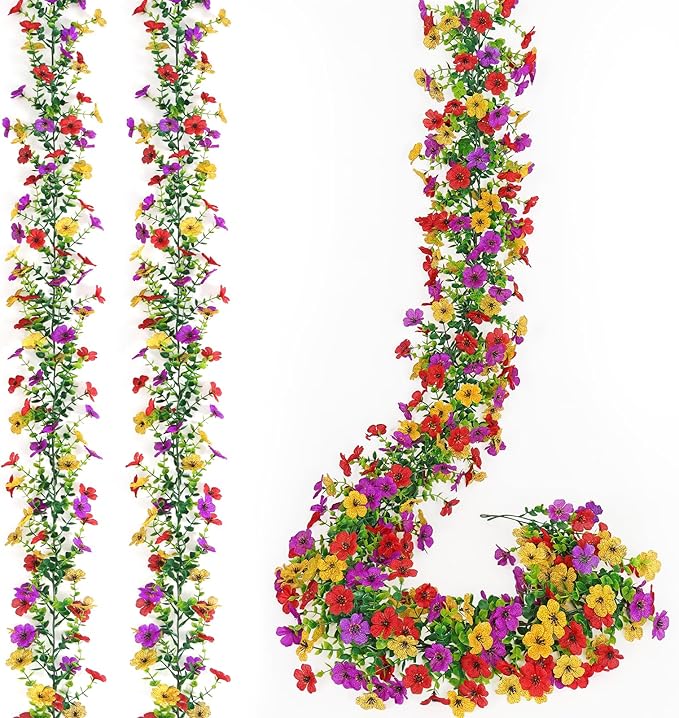 2 Pack Artificial Daisy Flower Garland,5.9FT UV Resistant Fake Floral Vine Silk Hanging Spring Wild Flower Garland for Home Mantle Garden Wedding Booth Backdrop Decor (Red Yellow Purple)